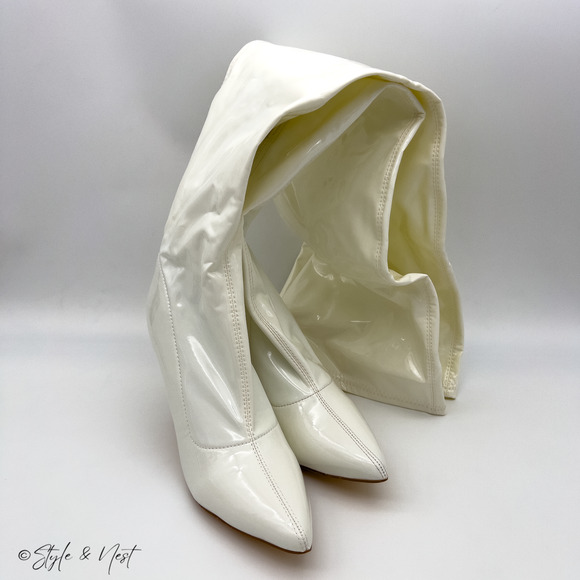 Faux Leather Thigh High Riding Stiletto Boots Y2K Rave Pointed Toe Women's 9 - Picture 2 of 8